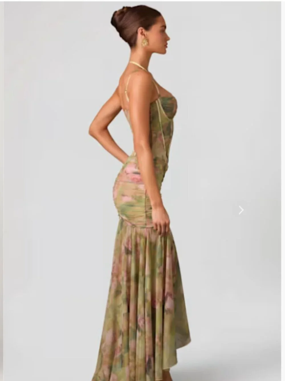 Oh Polly Haruna Ruched Asymmetric Corset Gown in Floral Multi Print - Picture 5 of 10